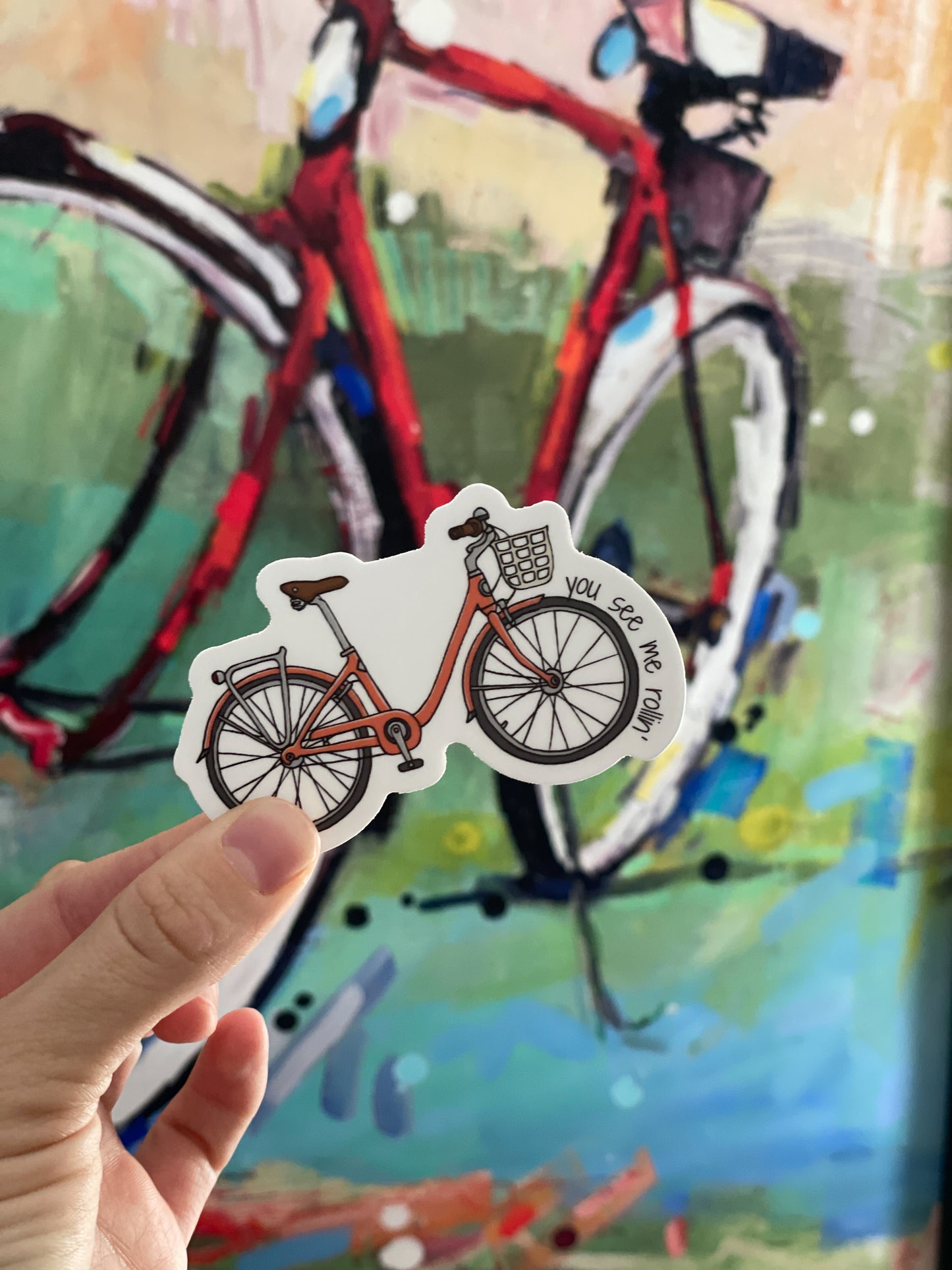 Orange beach cruiser sticker with punny saying, you see me rollin on the front. Durable enough for cyclist, mountain biker, gravel bike, zwift, peleton. Vinyl sticker for hydroflask, nalgene, yeti, laptop, window
