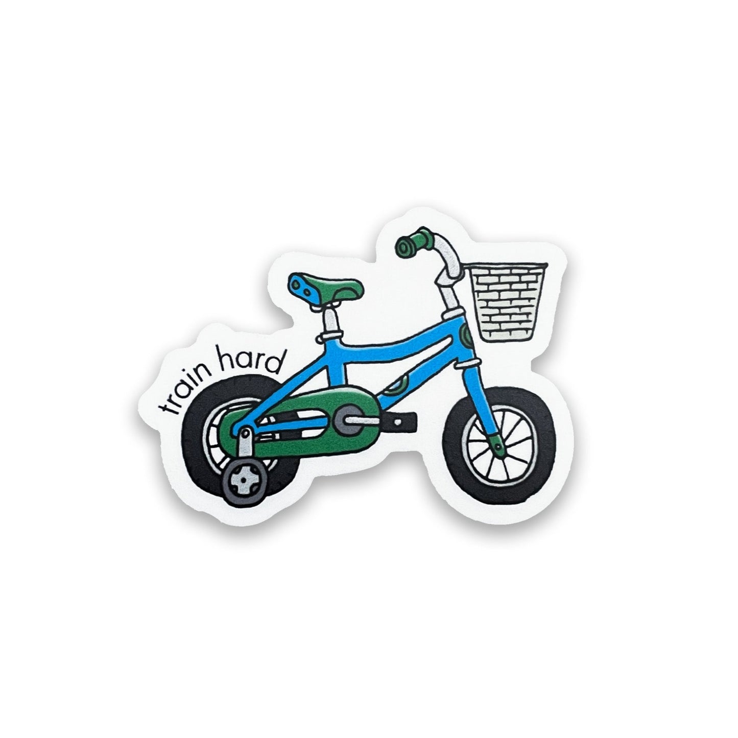Blue and green tricycle sticker with punny saying, train hard on the front. Durable enough for cyclist, mountain biker, gravel bike, zwift, peleton, triathlon. Vinyl sticker for hydroflask, nalgene, yeti, laptop, window